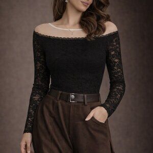 NWOT Luxury Lace Trim Long Sleeve Very Soft Elegant Bodysuit Top